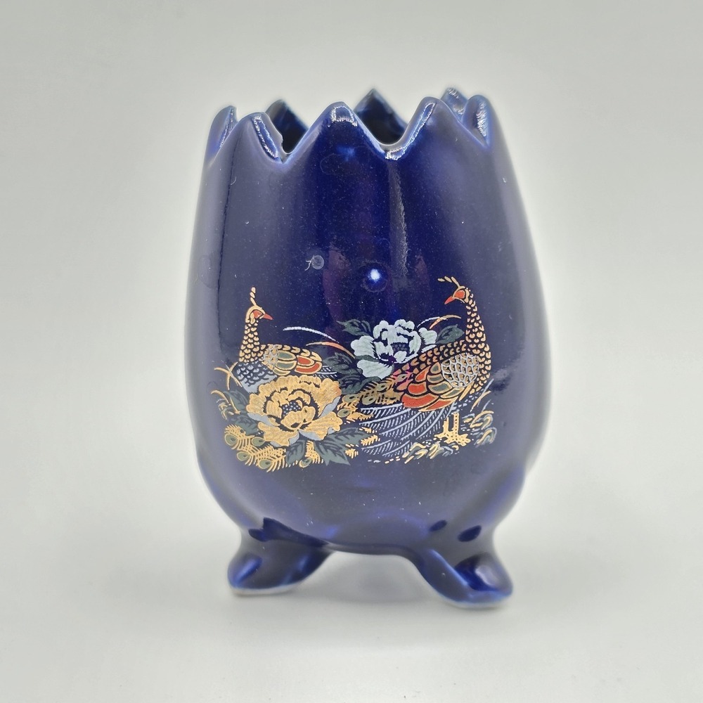 Cobalt Blue Oriental Tripod Toothpicks Holder Bud Vase Peacock Motif‎ 2.5"